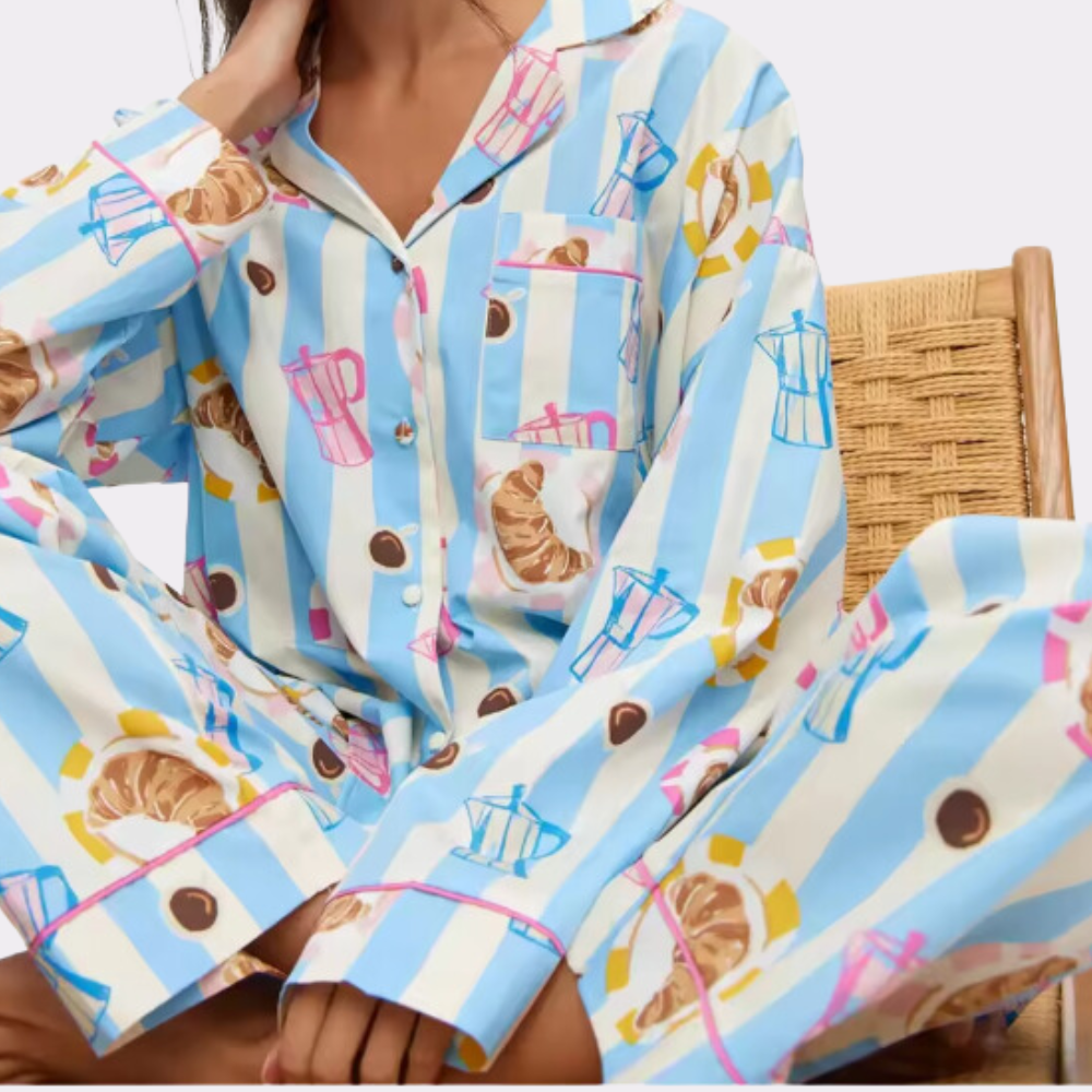 Cute Croissant Print Long Sleeve PJ Set