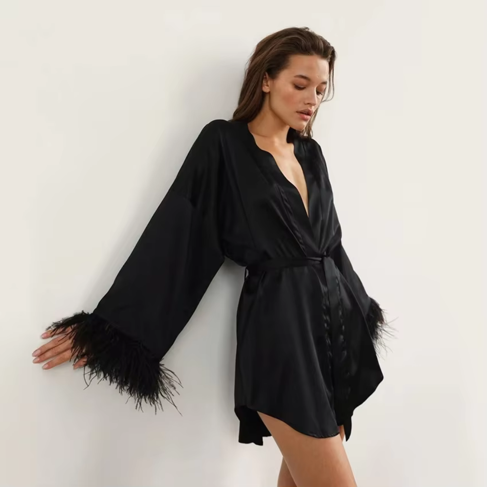 Silk Feather Sleeve Mini Night Robe