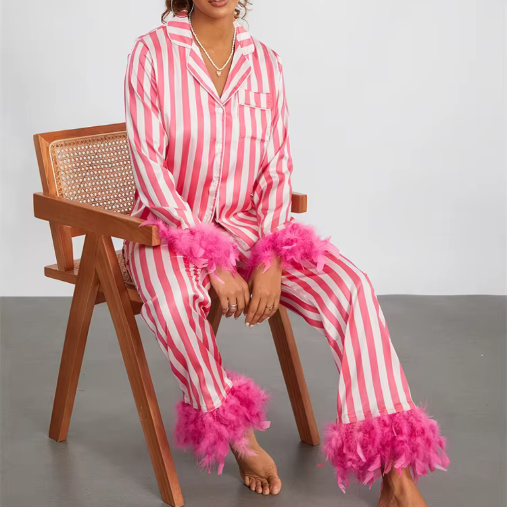 Striped Feather Long Sleeve PJ Set