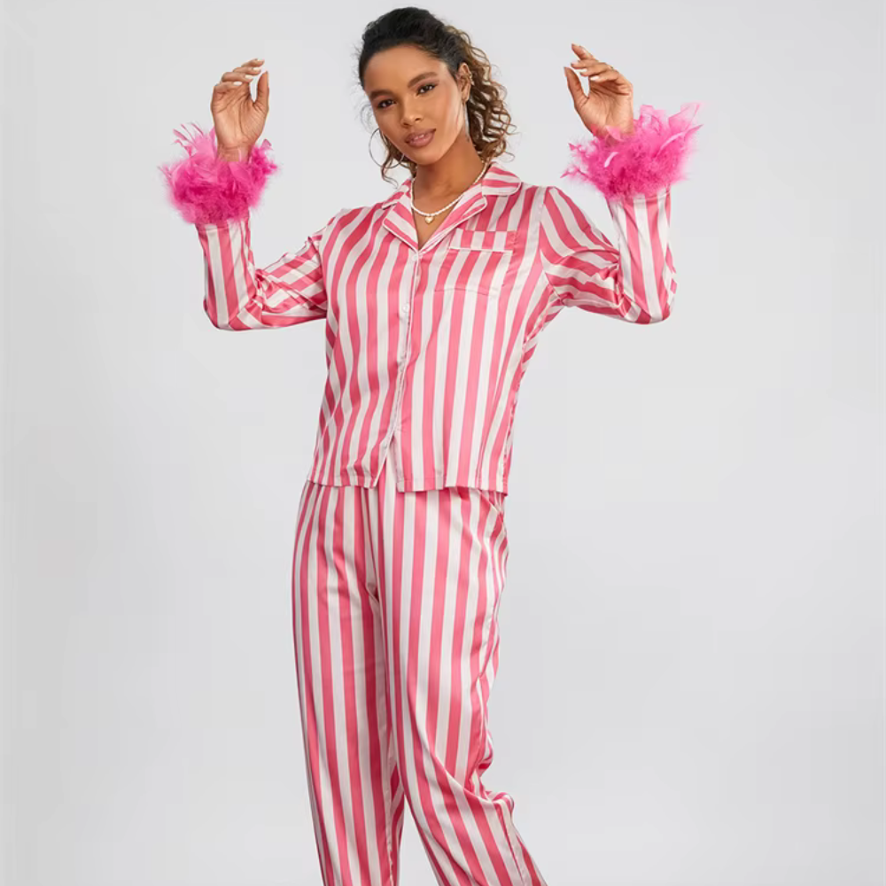 Striped Feather Long Sleeve PJ Set