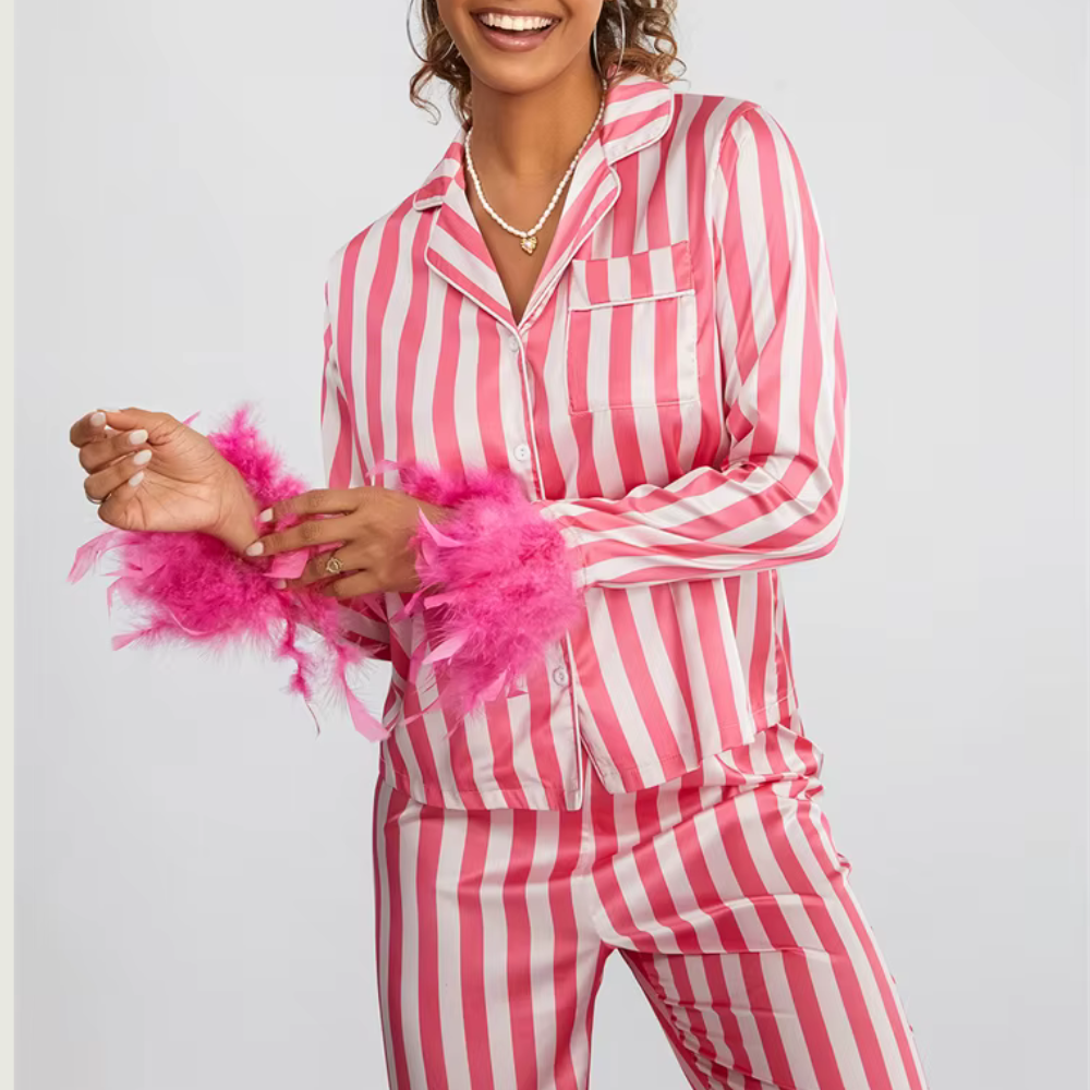 Striped Feather Long Sleeve PJ Set