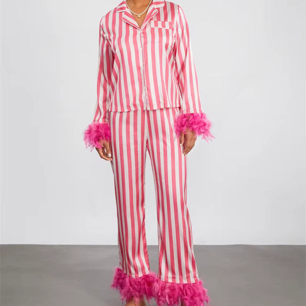 Striped Feather Long Sleeve PJ Set