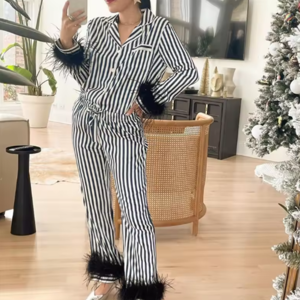 Striped Feather Sleeve PJ Set