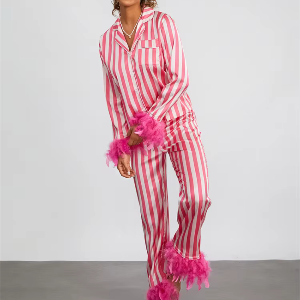 Striped Feather Long Sleeve PJ Set