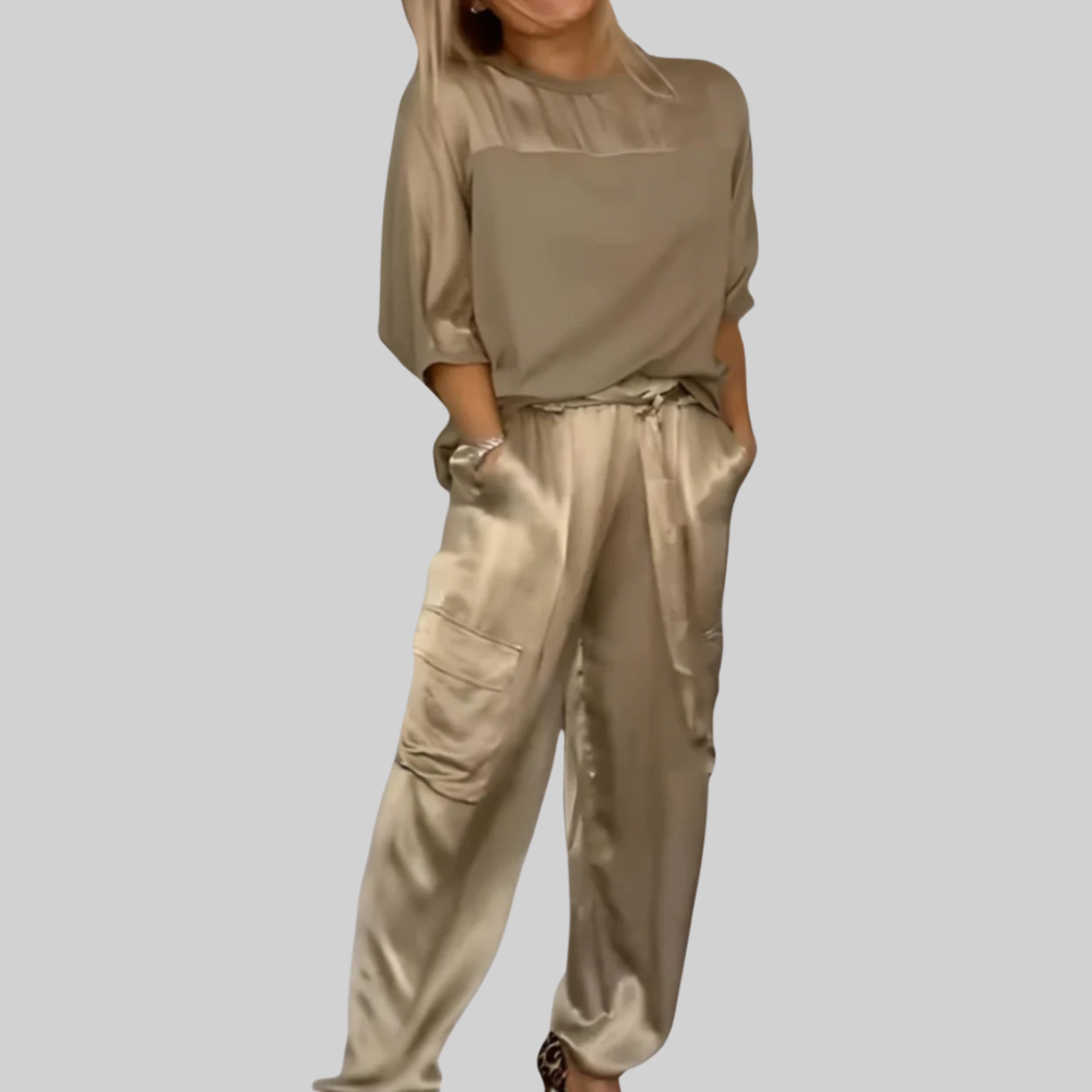 Two Piece Set Elegant Satin Top with Cargo Pants