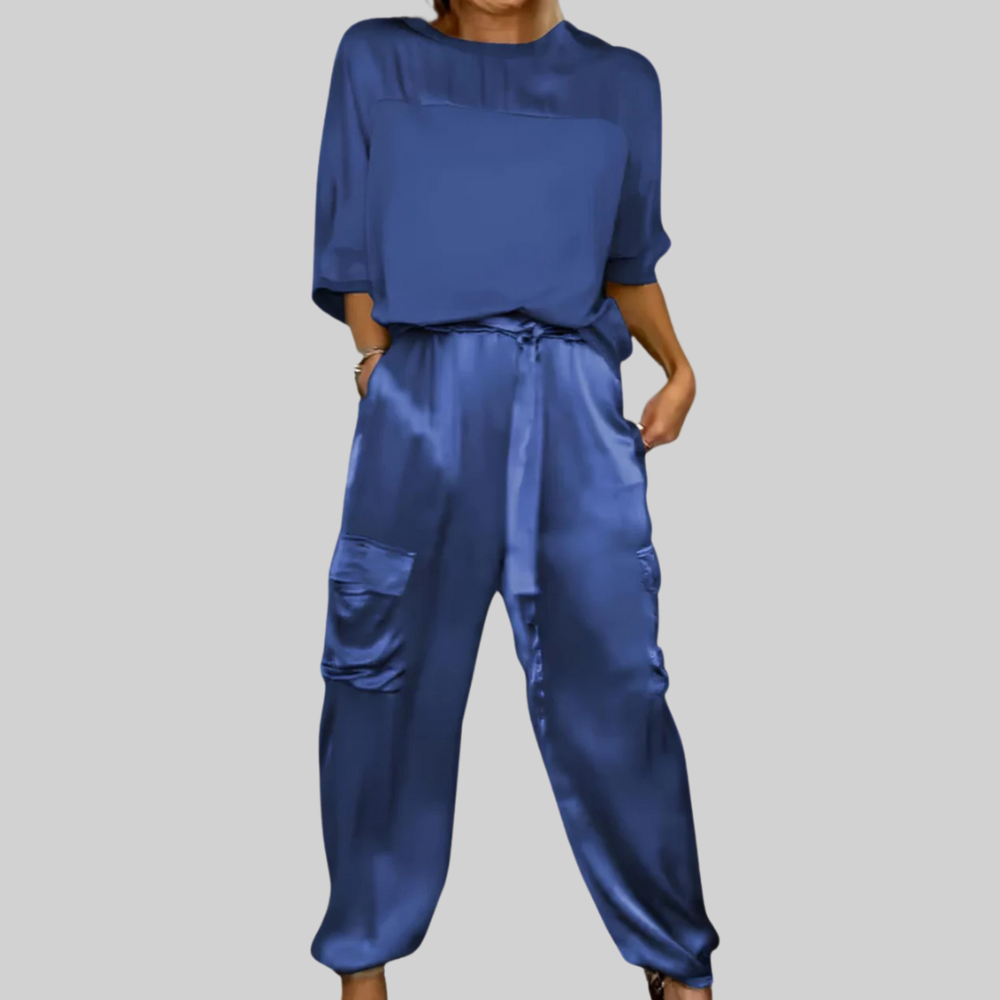 Two Piece Set Elegant Satin Top with Cargo Pants