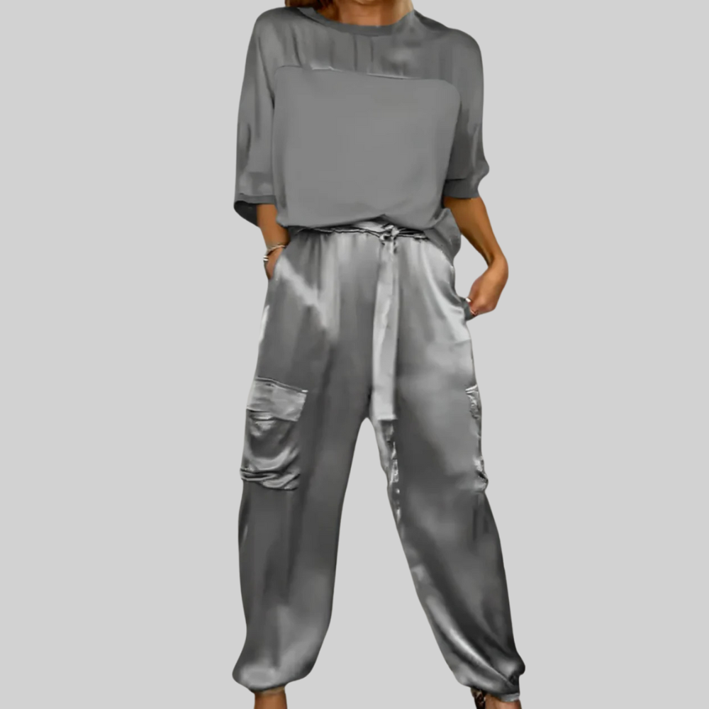 Two Piece Set Elegant Satin Top with Cargo Pants