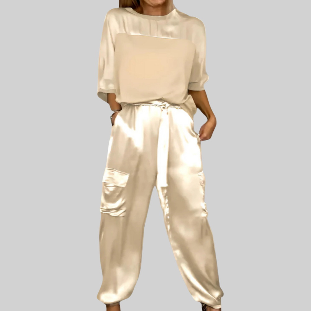 Two Piece Set Elegant Satin Top with Cargo Pants