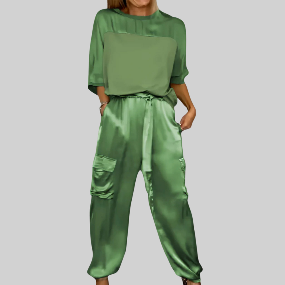 Two Piece Set Elegant Satin Top with Cargo Pants