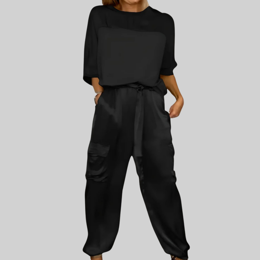 Two Piece Set Elegant Satin Top with Cargo Pants