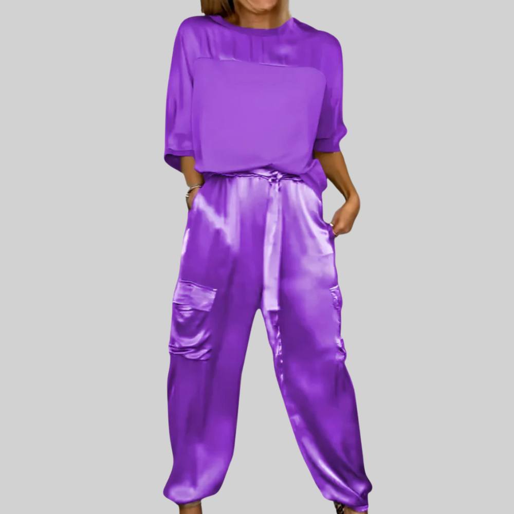 Two Piece Set Elegant Satin Top with Cargo Pants