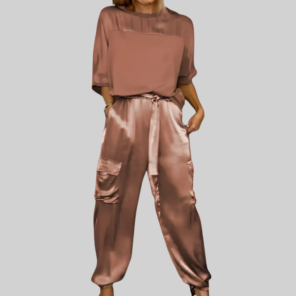 Two Piece Set Elegant Satin Top with Cargo Pants