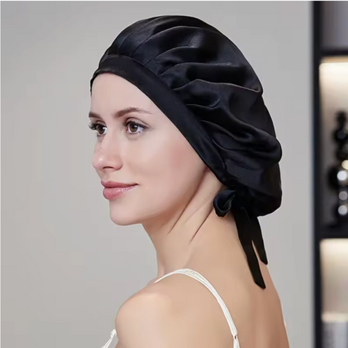 Pure Silk Classic Sleep Cap With Ribbons in Black