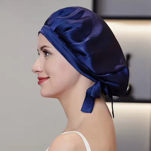 Pure Silk Classic Sleep Cap With Ribbons in Navy Blue